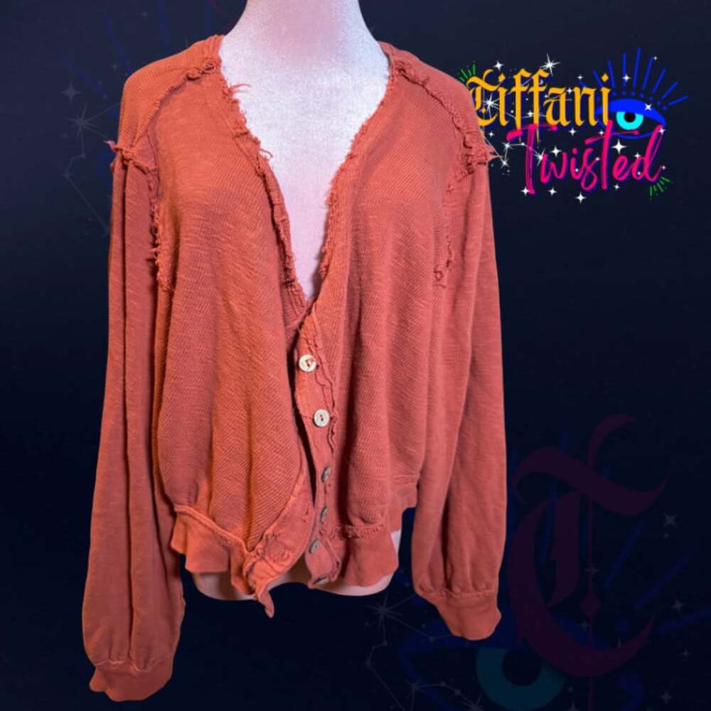 Free People "We The Free" Distressed Raw Edge Button Front Cardigan Rust Medium
